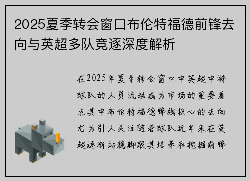 2025夏季转会窗口布伦特福德前锋去向与英超多队竞逐深度解析